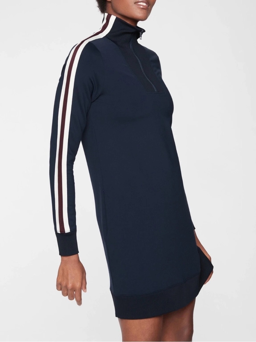 Athleta Navy Circa Track Sweatshirt Dress with White Stripes